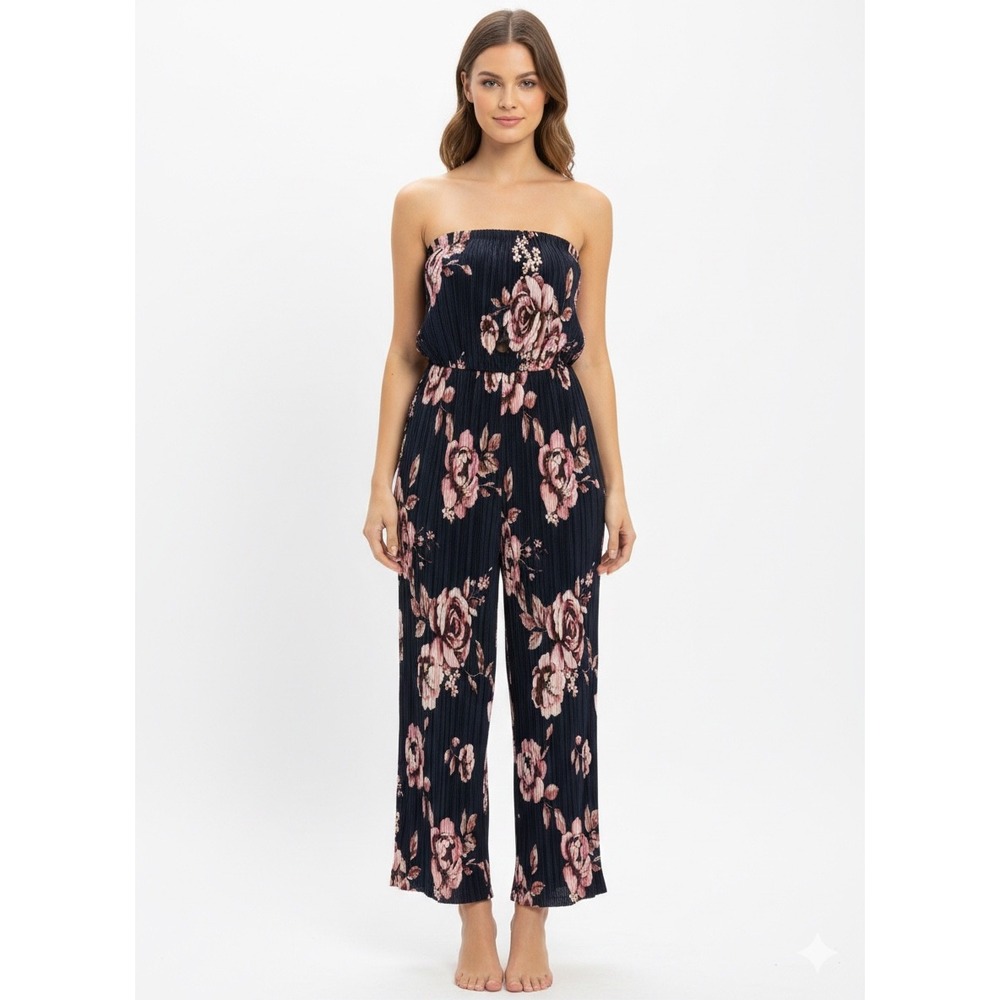 NEW 19 Cooper‎ Strapless Floral Jumpsuit Navy Pink Wide Leg XS NWT